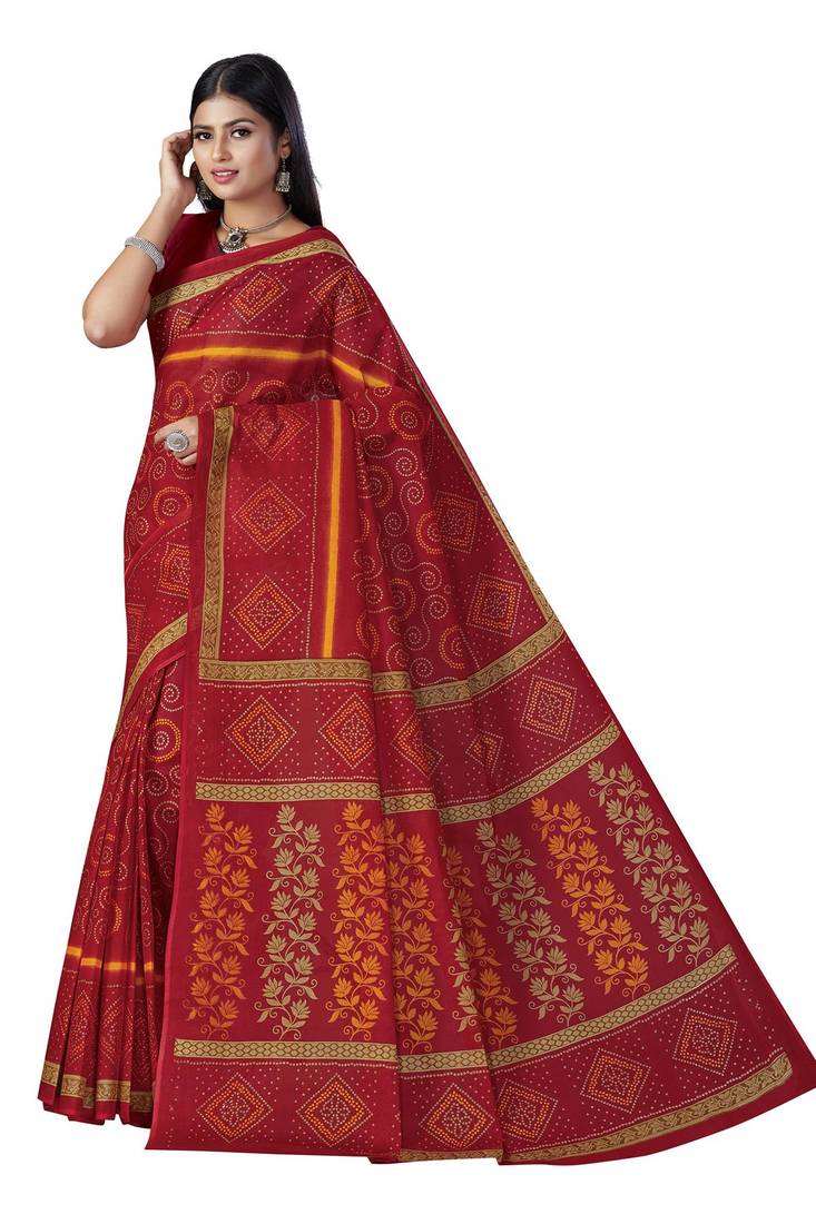 Red printed cotton saree with blouse