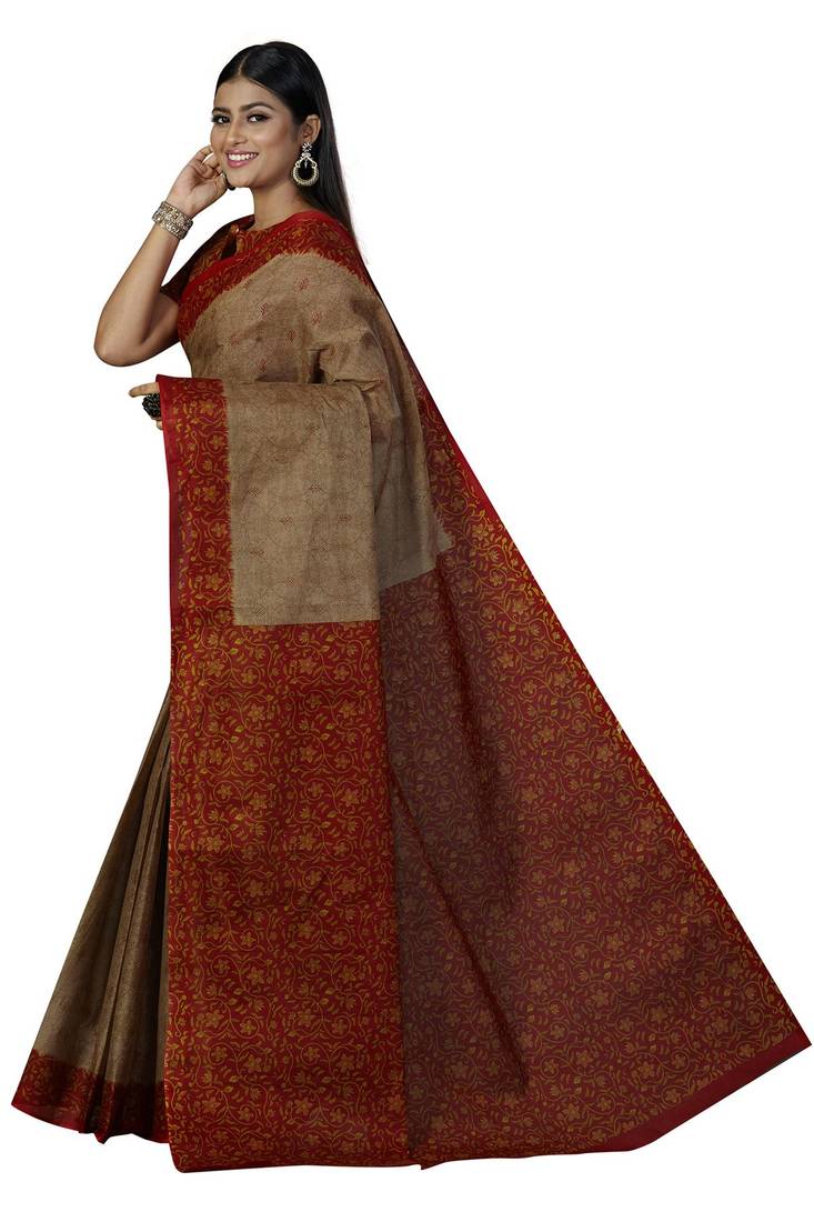 Beige Printed Cotton Saree
