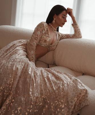 Beige Chanderi Hand Embroidered Lehenga Set 2