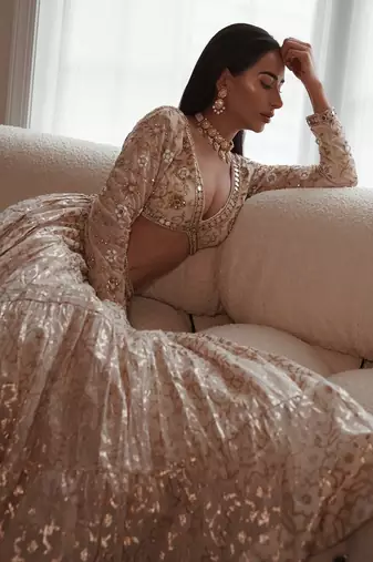 Beige Chanderi Hand Embroidered Lehenga Set