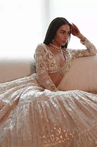 Beige Chanderi Hand Embroidered Lehenga Set