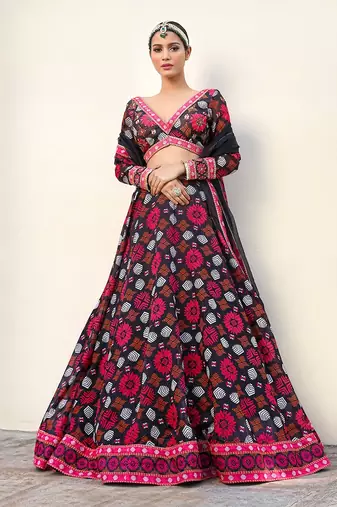 Black Floral Printed Lehenga