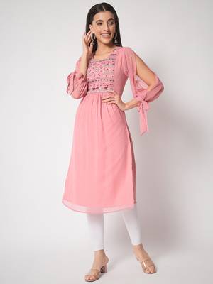 ARDITA Women Onion Pink Chiffon Embroidered Kurti with Slit Sleeves 1