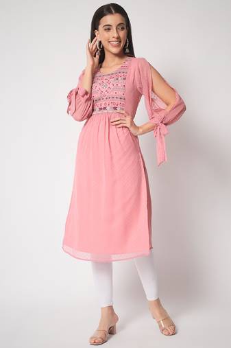 ARDITA Women Onion Pink Chiffon Embroidered Kurti with Slit Sleeves