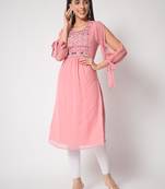 ARDITA Women Onion Pink Chiffon Embroidered Kurti with Slit Sleeves
