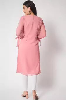 ARDITA Women Onion Pink Chiffon Embroidered Kurti with Slit Sleeves