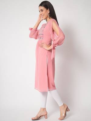 ARDITA Women Onion Pink Chiffon Embroidered Kurti with Slit Sleeves 3