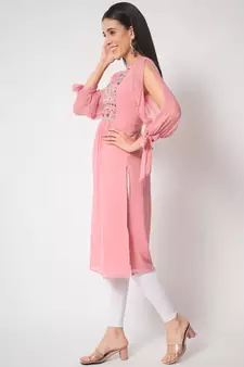 ARDITA Women Onion Pink Chiffon Embroidered Kurti with Slit Sleeves