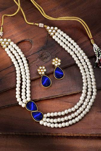 Gold Plated Traditional Stone Studded Pearl Choker Necklace Jewellery Set For Women/Girls (ML315Bl)