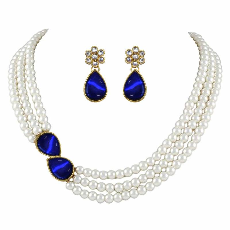 Gold Plated Traditional Stone Studded Pearl Choker Necklace Jewellery Set For Women/Girls 