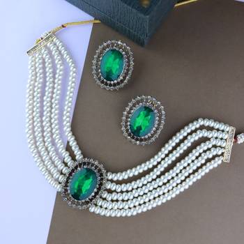 Gold Plated Traditional Green Stone Studded Pearl Choker Necklace Jewellery Set For Women/Girls  1