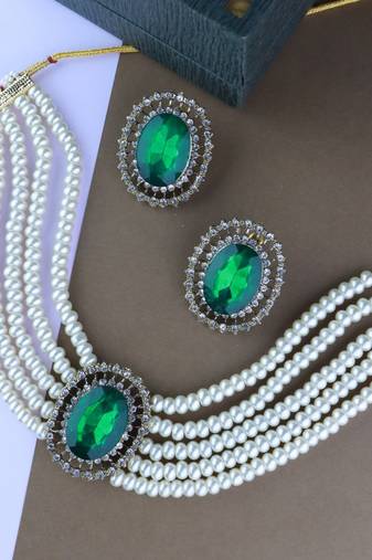 Gold Plated Traditional Green Stone Studded Pearl Choker Necklace Jewellery Set For Women/Girls (ML316G)