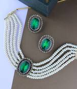 Gold Plated Traditional Green Stone Studded Pearl Choker Necklace Jewellery Set For Women/Girls 