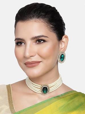 Gold Plated Traditional Green Stone Studded Pearl Choker Necklace Jewellery Set For Women/Girls  2