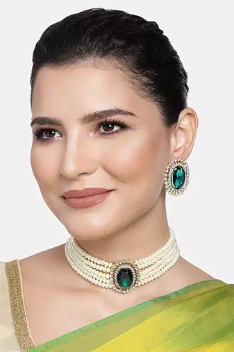 Gold Plated Traditional Green Stone Studded Pearl Choker Necklace Jewellery Set For Women/Girls 