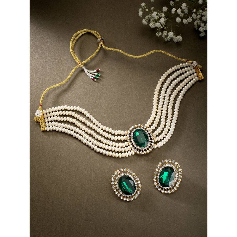 Gold Plated Traditional Green Stone Studded Pearl Choker Necklace Jewellery Set For Women/Girls 