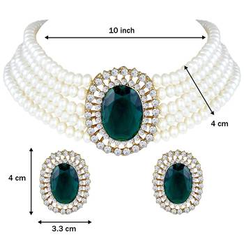 Gold Plated Traditional Green Stone Studded Pearl Choker Necklace Jewellery Set For Women/Girls  4