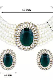 Gold Plated Traditional Green Stone Studded Pearl Choker Necklace Jewellery Set For Women/Girls 