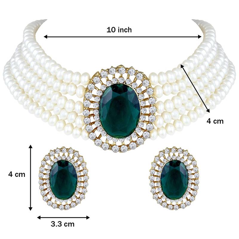 Gold Plated Traditional Green Stone Studded Pearl Choker Necklace Jewellery Set For Women/Girls 