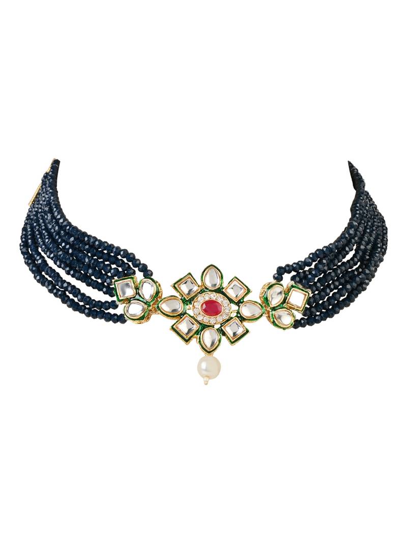 Gold Plated Traditional Choker Set Glided With Kundan & Beads For Women/Girls 