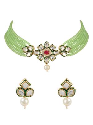 Gold Plated Traditional Choker Set Glided With Kundan & Beads For Women/Girls  1