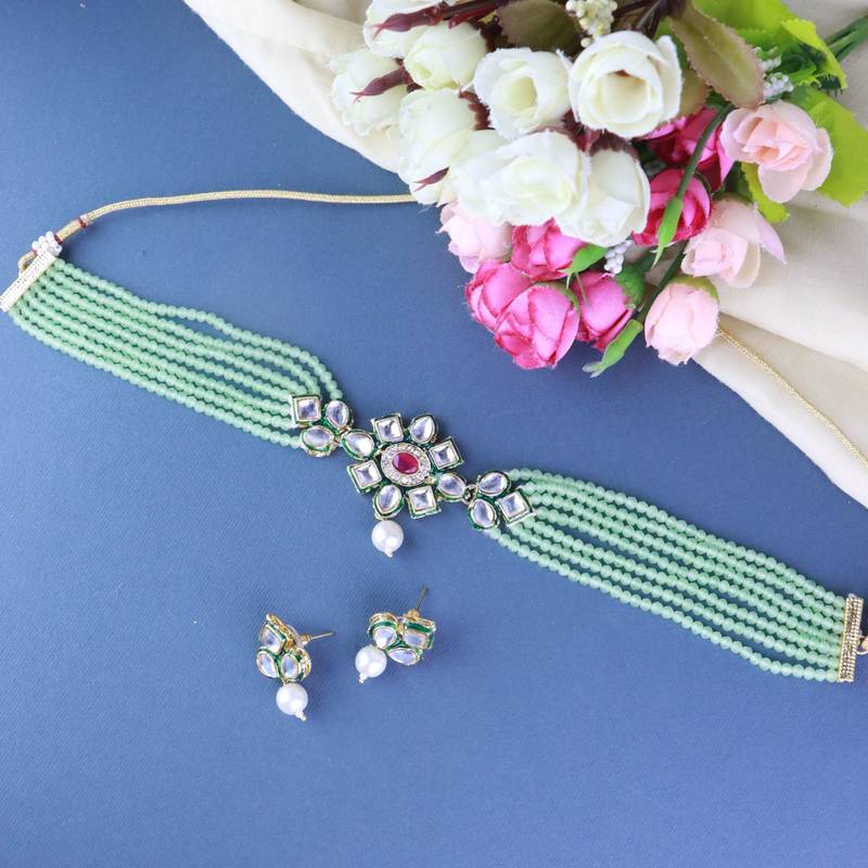 Gold Plated Traditional Choker Set Glided With Kundan & Beads For Women/Girls 