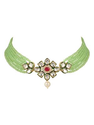 Gold Plated Traditional Choker Set Glided With Kundan & Beads For Women/Girls  3