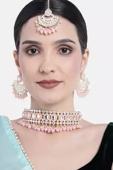 Gold Plated Traditional Kundan Choker Necklace Chandbali Earring & Maang Tikka Ethnic Jewellery Set Gift