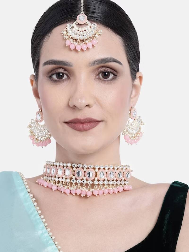 Gold Plated Traditional Kundan Choker Necklace Chandbali Earring & Maang Tikka Ethnic Jewellery Set Gift