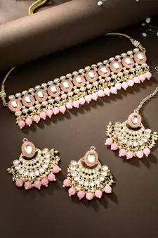 Gold Plated Traditional Kundan Choker Necklace Chandbali Earring & Maang Tikka Ethnic Jewellery Set Gift