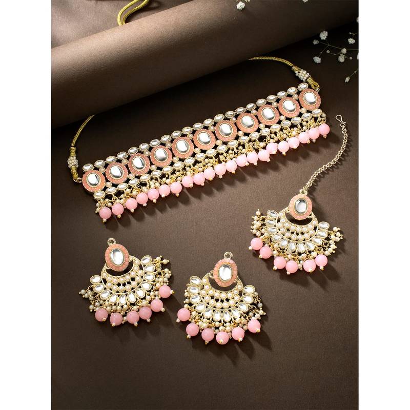 Gold Plated Traditional Kundan Choker Necklace Chandbali Earring & Maang Tikka Ethnic Jewellery Set Gift
