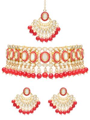 Gold Plated Traditional Kundan & Pearls Choker Necklace Chandbali Earring & Maang Tikka Ethnic Jewellery Set 1