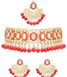 Gold Plated Traditional Kundan & Pearls Choker Necklace Chandbali Earring & Maang Tikka Ethnic Jewellery Set