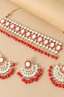 Gold Plated Traditional Kundan & Pearls Choker Necklace Chandbali Earring & Maang Tikka Ethnic Jewellery Set