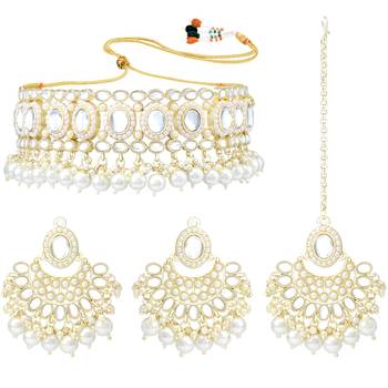 Gold Plated Traditional Kundan Choker Necklace Chandbali Earring & Maang Tikka Ethnic Jewellery Set Gift 1