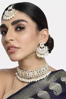 Gold Plated Traditional Kundan Choker Necklace Chandbali Earring & Maang Tikka Ethnic Jewellery Set Gift