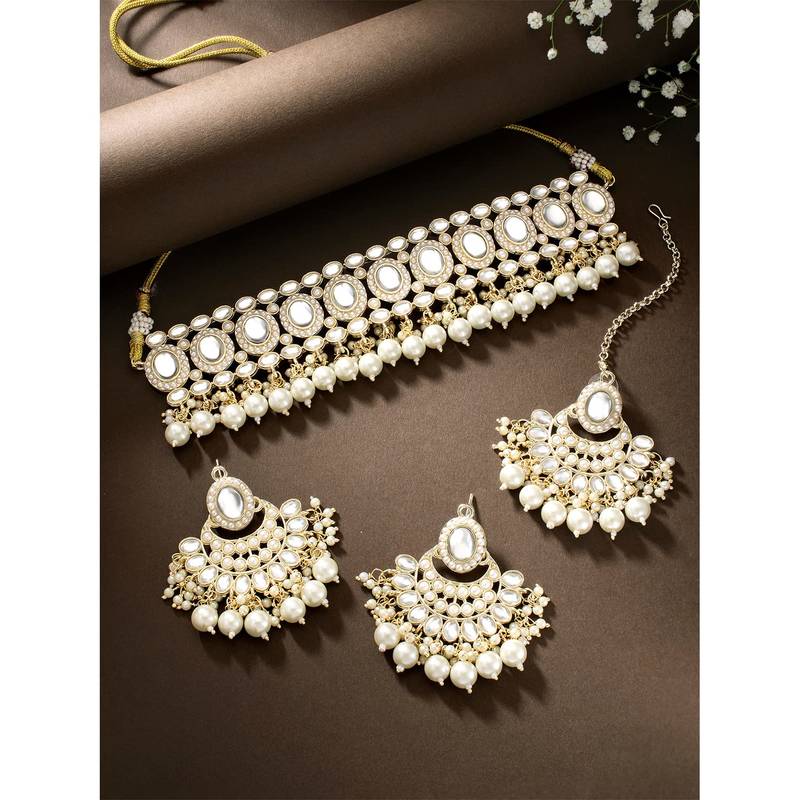 Gold Plated Traditional Kundan Choker Necklace Chandbali Earring & Maang Tikka Ethnic Jewellery Set Gift