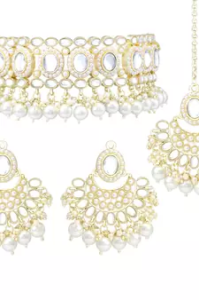 Gold Plated Traditional Kundan Choker Necklace Chandbali Earring & Maang Tikka Ethnic Jewellery Set Gift