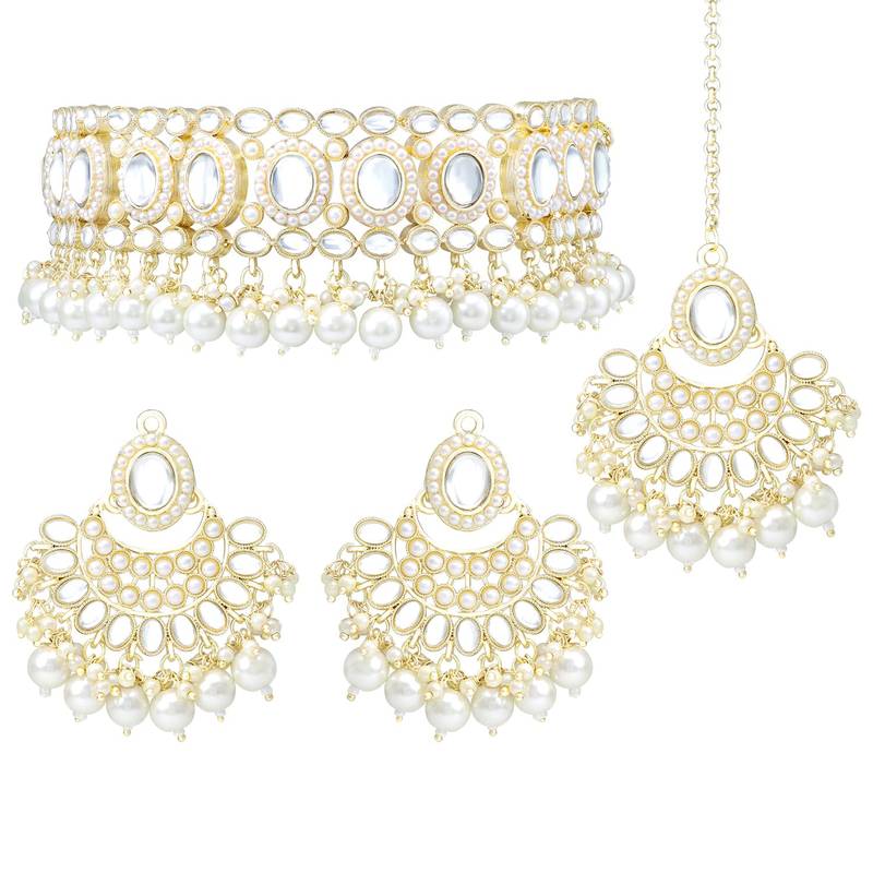 Gold Plated Traditional Kundan Choker Necklace Chandbali Earring & Maang Tikka Ethnic Jewellery Set Gift