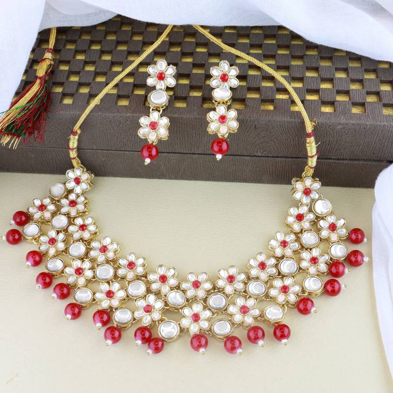Gold Plated Traditional Kundan & Pearls Choker Necklace & Earring Ethnic Jewellery Set for Women & Girls