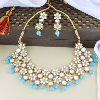 Gold Plated Traditional Kundan & Pearls Choker Necklace & Earring Ethnic Jewellery Set for Women & GirlsK7229Sb 2