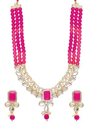 Gold Plated Traditional Kundan & Pearls Necklace Jewellery Set with Earrings for Women and girls  1