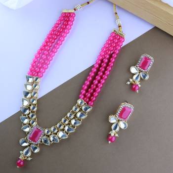 Gold Plated Traditional Kundan & Pearls Necklace Jewellery Set with Earrings for Women and girls  2