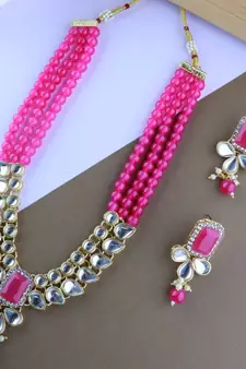 Gold Plated Traditional Kundan & Pearls Necklace Jewellery Set with Earrings for Women and girls 