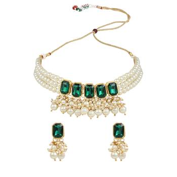 Gold Plated Traditional Choker Necklace Jewellery Set with Earrings for Women  3