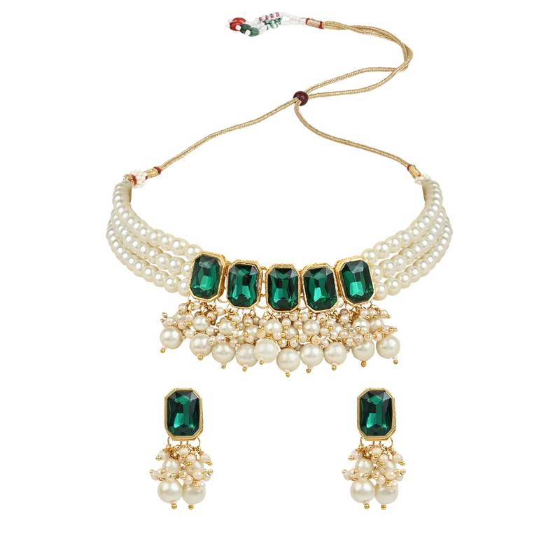 Gold Plated Traditional Choker Necklace Jewellery Set with Earrings for Women 