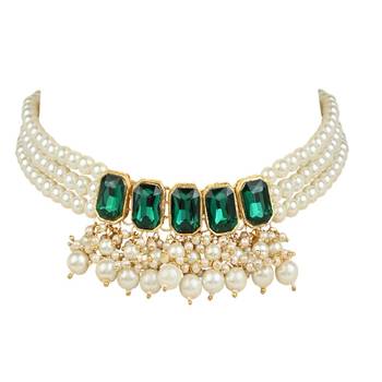 Gold Plated Traditional Choker Necklace Jewellery Set with Earrings for Women  5