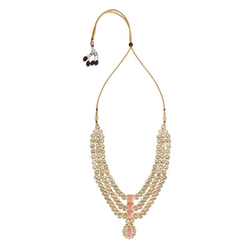 Gold Plated Traditional Kundan Necklace Jewellery Set with Earrings & Maang Tikka for Women 