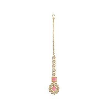 Gold Plated Traditional Kundan Necklace Jewellery Set with Earrings & Maang Tikka for Women  5