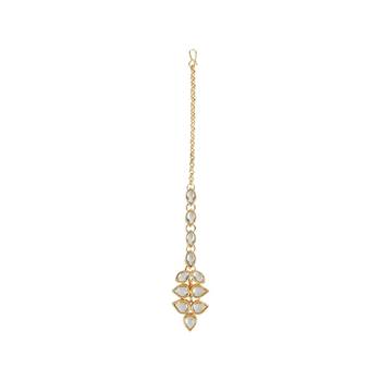 Gold Plated Traditional Kundan Necklace Jewellery Set with Earrings & Maang Tikka for Women  5